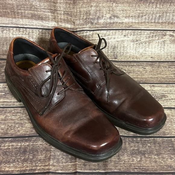 ECCO Berlin Shoes Mens 45 D Brown Leather Plain Toe Oxford Shock Point Work - Picture 1 of 13